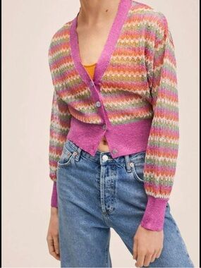 Mango MNG Metallic Chevron Knit Cardigan V-Neck Magenta Multi Color Size L
